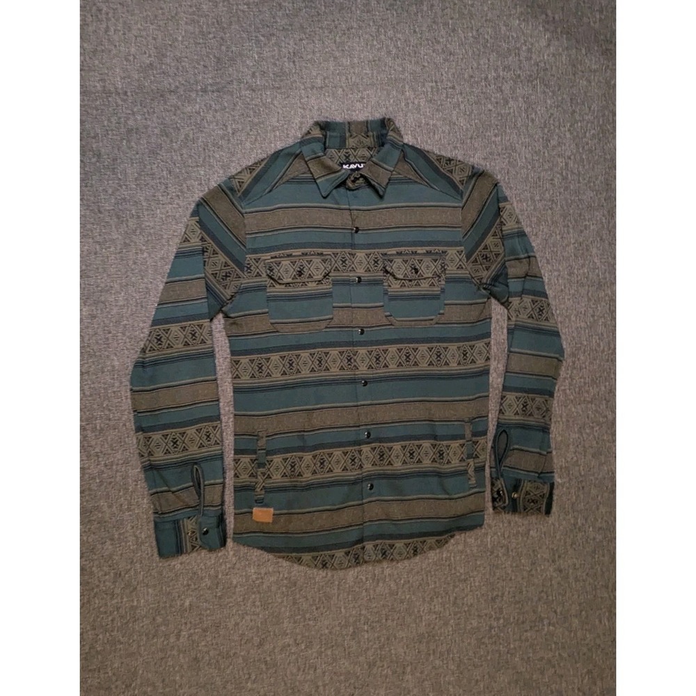 KAVU Aztec Pine‎ Flannel Jacket Mens Small Blue Striped Fleece Snap Up Shacket